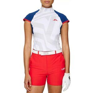 J.Lindeberg Women's Yvette Top Us Golf White Mock Neck USA flag Size Medium